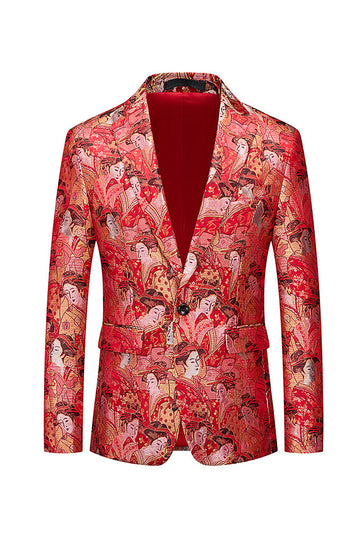 Blazer Homme à un bouton ajusté à revers cranté floral rouge